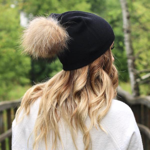 Fine Knit Angora Fur Pom Slouchy Hat