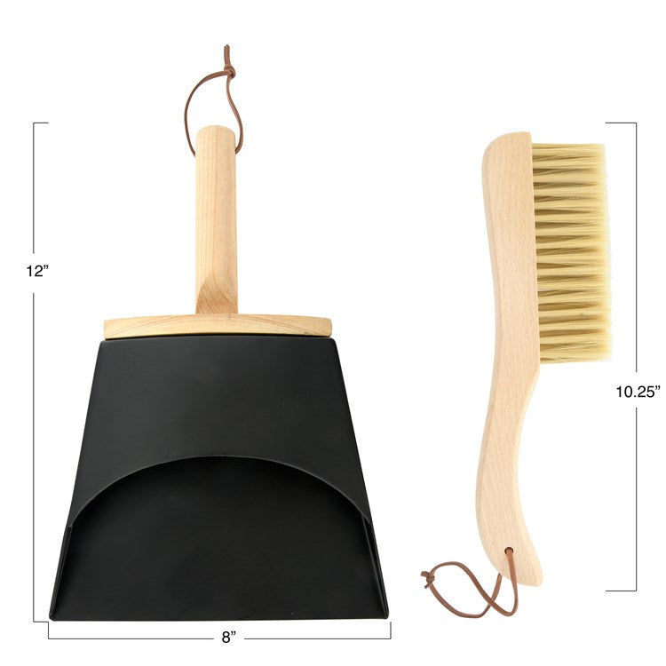 Beech Wood Brush & Metal Dust Pan w/ Leather Straps Set